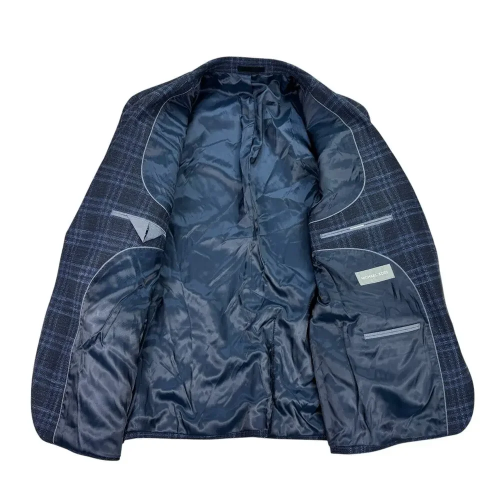 Michael Kors Mens Kent Classic Fit Stretch Plaid Sport Coat Midnight Navy 42S